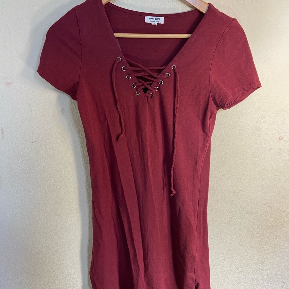 Lace up burgundy mini shirt dress